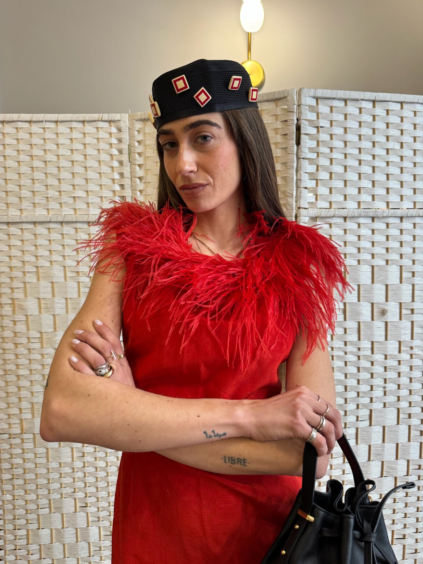 Feather trim red dress