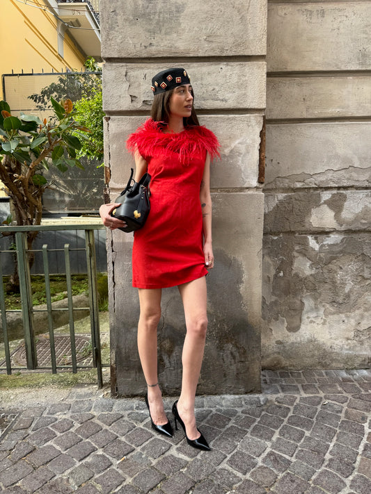 Feather trim red dress