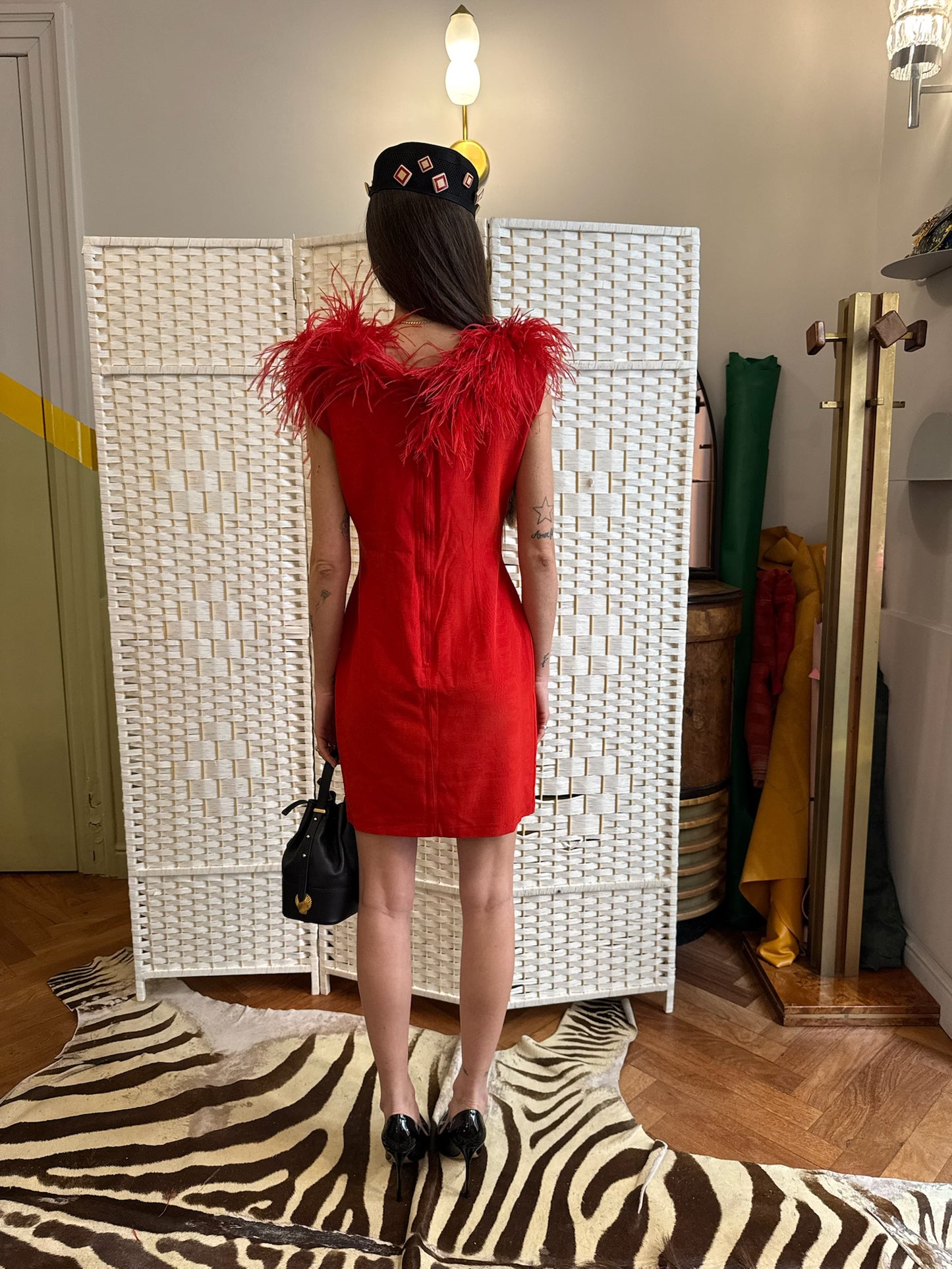 Feather trim red dress