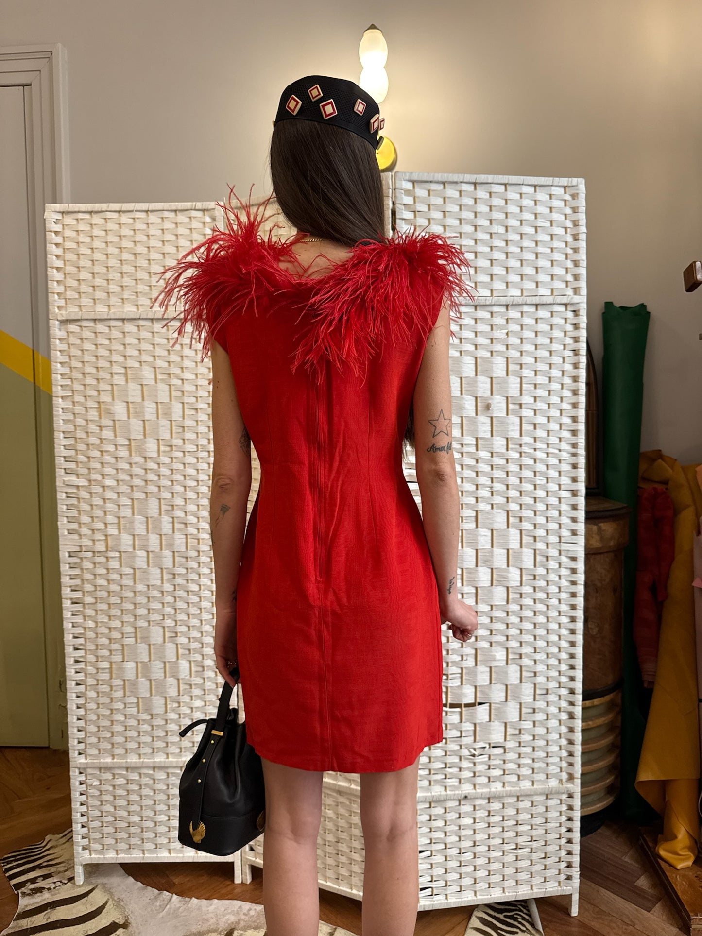 Feather trim red dress