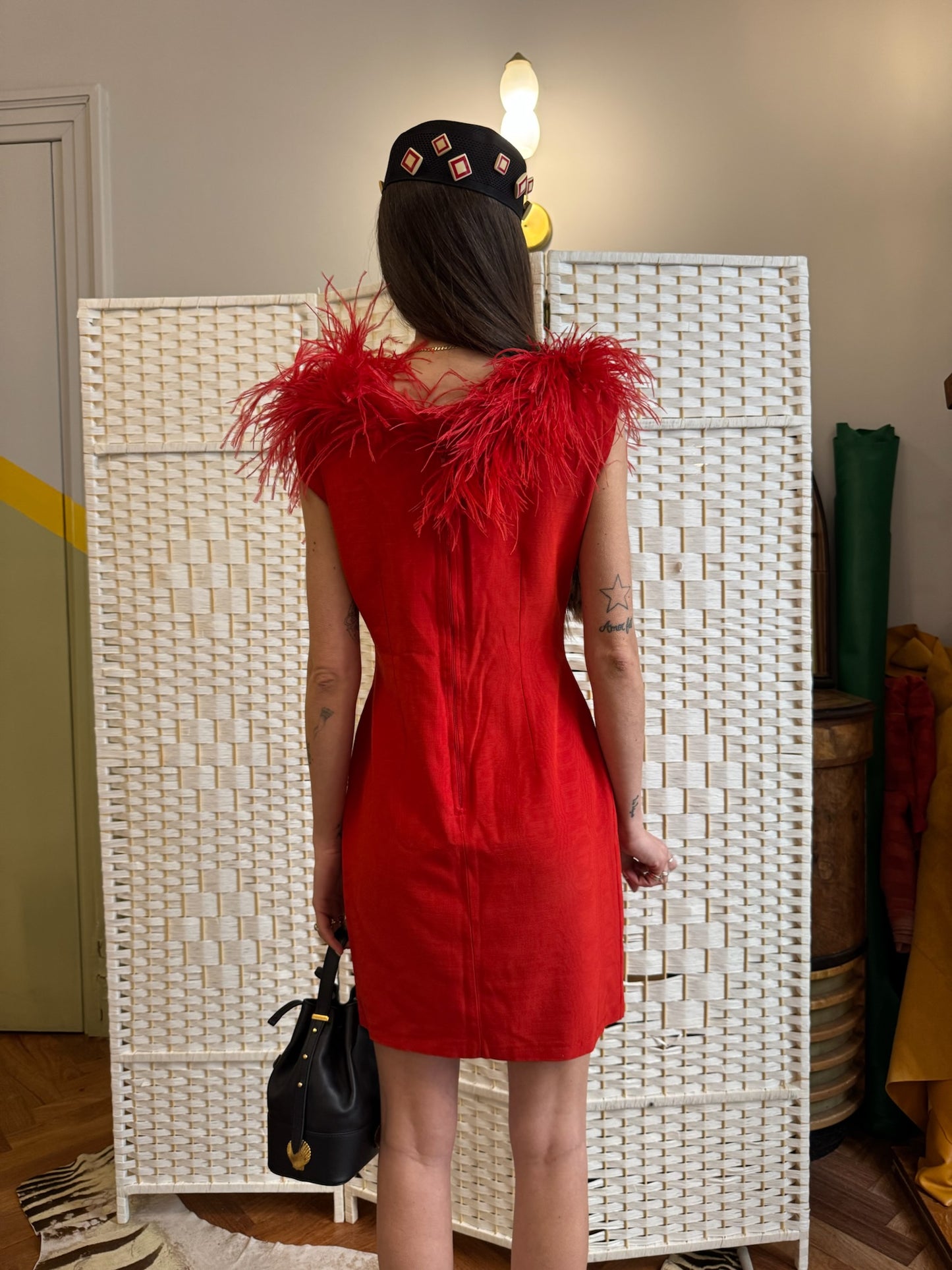 Feather trim red dress