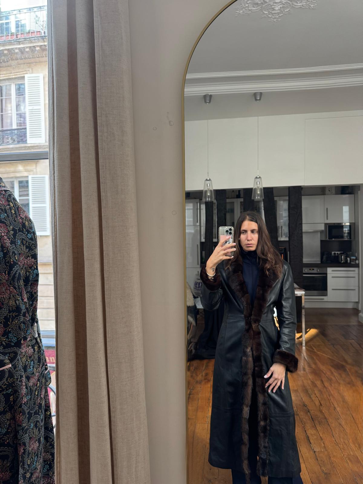 Vintage long leather and fur coat